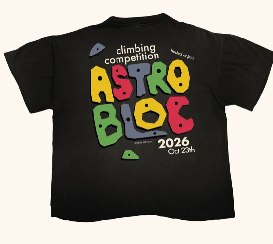 Back of the Astrobloc shirt: colorful climbing-hold letters on black